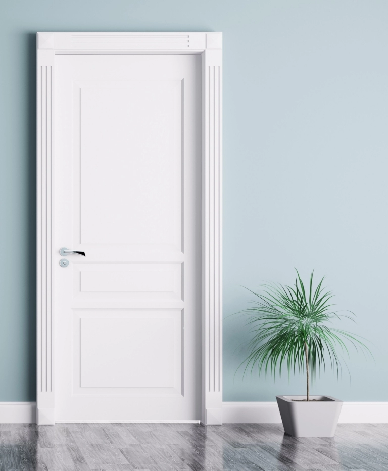 białe drzwi z ozdobną futryną